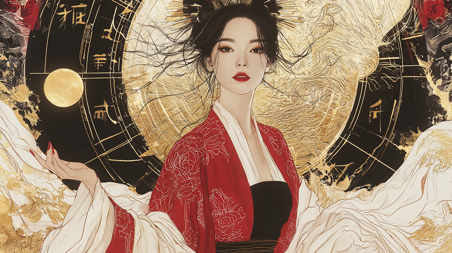 金の円盤と月を背に、紅の衣をまとった女性。姓名判断は当たるのかのイメージ