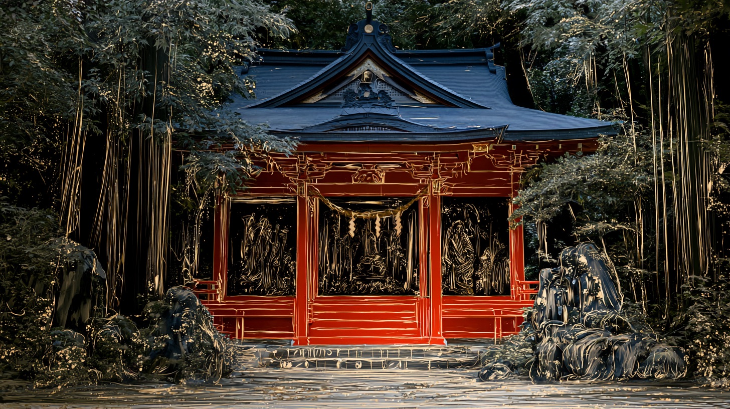 霧の中へ続く朱塗りの鳥居の参道と石灯籠。守護神を祀る神社とご利益のイメージ