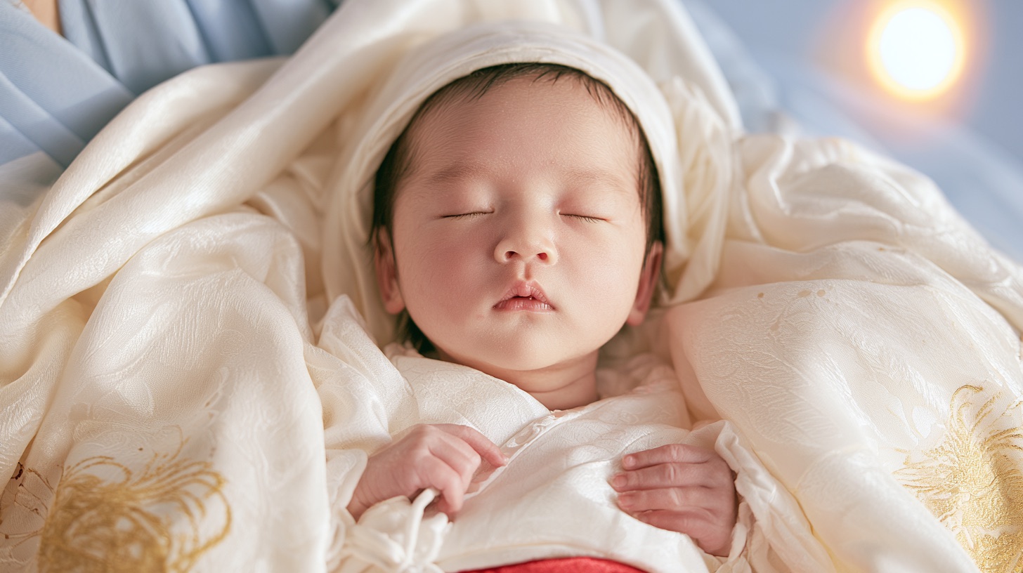 白い産着に包まれて眠る赤ちゃん。名付けと画数のイメージ