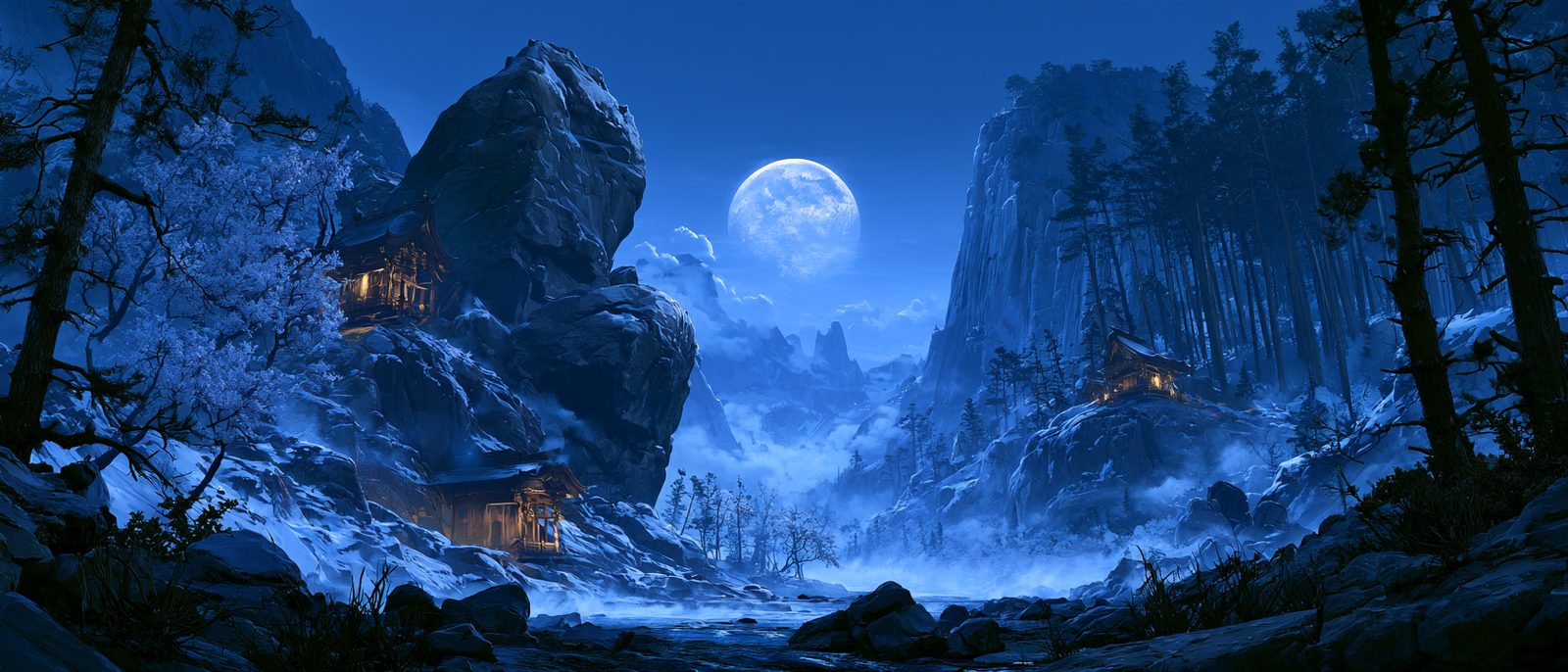 夜の山に向かい合う二つの社。名前のよく似た二柱の山の神のイメージ