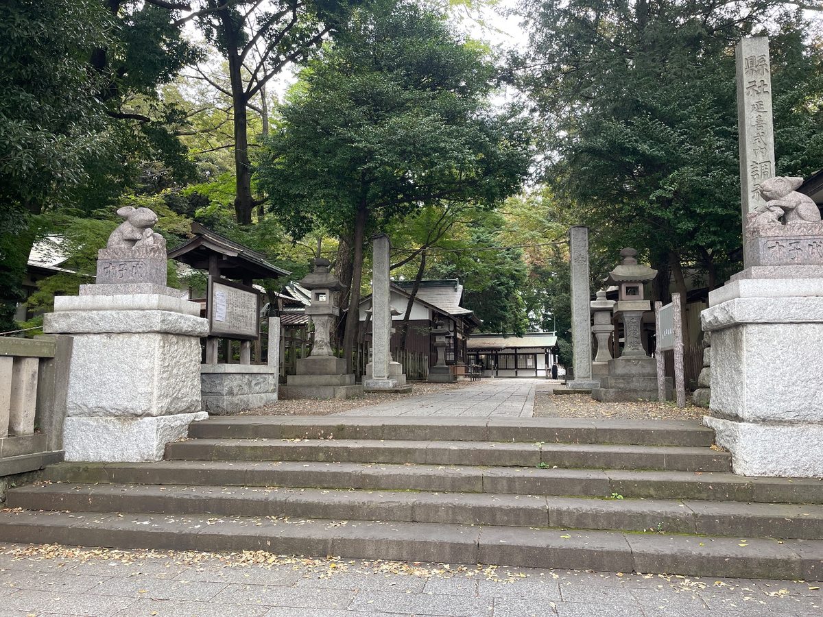 石段の上から。左右の台座の上に狛うさぎ