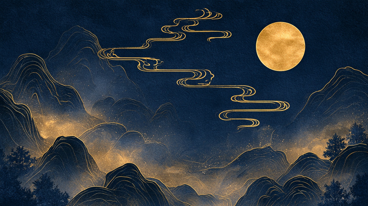 金色の月と、たなびく雲に包まれた夜の山並み