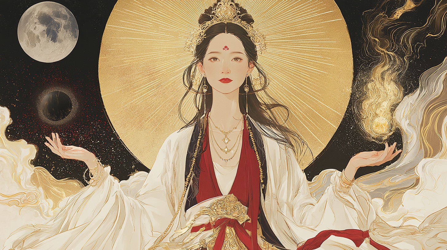 金色の光背を負い、両手に月と炎を捧げ持つ女神。八百万の神々図鑑のイメージ